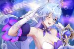  1girl bare_shoulders blue_hair breasts cleavage dress gloves green_eyes grin halo head_wings honkai:_star_rail honkai_(series) large_breasts light_blue_hair long_hair looking_at_viewer microphone one_eye_closed open_mouth robin_(honkai:_star_rail) smile solo sphere-stc white_dress wings 