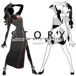  arm_up black_footwear dress english_text greyscale grgr27 long_dress looking_up mirror_twins monochrome original ponytail shoelaces silhouette simple_background standing white_background 