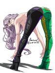  1girl artist_name ass ass_focus asymmetrical_footwear asymmetrical_pants baron_(varon666) bent_over breasts fuuto_tantei hair_between_eyes hanging_breasts highres kamen_rider kamen_rider_w large_breasts long_hair looking_at_viewer looking_back pants purple_eyes purple_hair solo tokime_(fuuto_tantei) twitter_username 