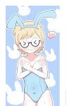  &gt;_&lt; 1girl absurdres animal_ears artist_name bad_baraag_id bad_id blonde_hair blue_background blue_leotard blush border collarbone covered_navel covering_breasts covering_privates embarrassed fake_animal_ears freckles highres leotard little_witch_academia lotte_jansson nico_kobayashi outline playboy_bunny rabbit_background rabbit_ears round_eyewear semi-rimless_eyewear short_hair solo spoken_blush strapless strapless_leotard white_border white_outline 