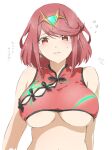  1girl alternate_costume bikini bikini_top_only blush breasts chinese_clothes flying_sweatdrops hair_ornament highres huge_breasts looking_at_viewer mitsugu pyra_(xenoblade) red_eyes red_hair short_hair simple_background solo solo_focus swimsuit translation_request underboob white_background xenoblade_chronicles_(series) xenoblade_chronicles_2 