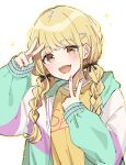  1girl blonde_hair blush braid double_v fang gakuen_idolmaster hair_ribbon highres idolmaster jacket long_hair looking_at_viewer minomiya_(pikatyulovelove) multicolored_clothes multicolored_jacket ribbon shirt skin_fang smile solo sparkle twin_braids upper_body v yellow_eyes yellow_shirt 