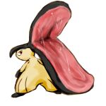  1:1 anthro big_mouth_(anatomy) bodily_fluids generation_3_pokemon hair_mouth head_mouth hi_res looking_back mawile nintendo no_teeth open_mouth pokemon pokemon_(species) preparing red_eyes saliva simple_background slime solo standing toothless_mouth white_background whlelly yellow_body 