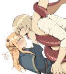  2girls absurdres anger_vein bite_mark blonde_hair blue_eyes blush breath dungeon_meshi english_text evaleen_d falin_touden falin_touden_(chimera) finger_in_another&#039;s_mouth highres looking_at_another marcille_donato multiple_girls non-web_source pointy_ears sharp_teeth simple_background sweat tail tail_wrap teeth very_long_tail white_background yuri 
