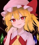  1girl :d absurdres ascot blonde_hair blush brown_background clenched_hand colored_eyelashes commentary_request crystal dark_background dot_nose eyes_visible_through_hair fingernails flandre_scarlet frilled_shirt_collar frills hair_between_eyes hand_up hat highres medium_hair mob_cap nara_(gsx250r_anzio) one_side_up parted_lips pink_hat red_eyes red_vest simple_background slit_pupils smile solo touhou tsurime upper_body vest wings yellow_ascot 
