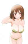  1girl arm_behind_back arm_behind_head arm_up armpits bare_arms bare_shoulders bikini blush breasts brown_eyes brown_hair closed_mouth commentary cowboy_shot gabrieltenma77 green_bikini hair_between_eyes highres hirasawa_yui k-on! large_breasts legs_together looking_at_viewer medium_hair navel simple_background smile solo standing stomach strapless strapless_bikini swimsuit thigh_gap white_background 