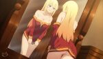  1girl ass bare_shoulders blonde_hair blue_eyes breasts commentary cosplay cowboy_shot darkness_(konosuba) dress dutch_angle from_behind hair_down indoors keihh kono_subarashii_sekai_ni_shukufuku_wo! large_breasts megumin megumin_(cosplay) mirror no_panties red_dress reflection skirt skirt_tug solo symbol-only_commentary thighs 