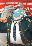  absurd_res anthro belly blep blue_body dragon eyes_closed hair hi_res horn kamakitoron lifewonders male mature_male mythological_creature mythological_scalie mythology necktie overweight qinglong_(tas) scalie solo tokyo_afterschool_summoners tongue tongue_out white_hair 