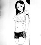  1girl arms_behind_back bad_id bad_pixiv_id black_hair black_shorts crop_top dende_(dndn222) greyscale hair_behind_ear highres long_hair looking_down monochrome navel original scan scan_artifacts short_shorts shorts solo standing stomach traditional_media 