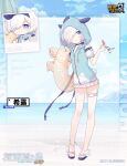 1girl 2021 anklet benghuai_xueyuan blue_eyes character_name copyright_name full_body hair_over_one_eye highres holding honkai_(series) hood hoodie jewelry logo official_art sandals second-party_source short_hair silver_(benghuai_xueyuan) smile solo thigh_strap white_hair 