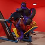 anthro big_butt blue_body butt dergdrister dragon drister_(dergdrister) duo facesitting gym gym_equipment hands_on_legs leg_press_redraw_(meme) looking_at_another male male/male meme muscular mythological_creature mythological_scalie mythology nude red_body scalie sitting_on_another slightly_chubby smile tyler_(dergdrister)