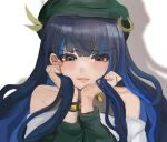 1girl beret black_hair blue_hair blush colored_inner_hair commentary_request eyeliner fate/grand_order fate_(series) green_hat green_jacket grey_eyes hands_on_own_face hat highres jacket jewelry looking_at_viewer makeup multicolored_hair neck_ring o-ring shou_si_ok solo tenochtitlan_(fate) tenochtitlan_(second_ascension)_(fate) wavy_hair zipper 