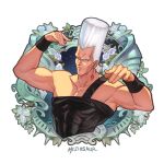  1boy bare_arms black_shirt blue_eyes collarbone hands_up jean_pierre_polnareff jojo_no_kimyou_na_bouken male_focus meziosaur shirt simple_background solo stardust_crusaders upper_body white_background white_hair 