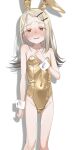  1girl absurdres animal_ear_hairband animal_ears ass_visible_through_thighs bare_legs bare_shoulders blush collarbone covered_navel fake_animal_ears feet_out_of_frame flat_chest gakuen_idolmaster gold_leotard grey_hair groin hairband highres idolmaster kamin_(kamin_chuu) leotard light_brown_hair long_hair looking_at_viewer nervous_smile nervous_sweating nose_blush playboy_bunny rabbit_ear_hairband rabbit_ears shadow shinosawa_hiro simple_background smile solo strapless strapless_leotard sweat white_background wrist_cuffs 