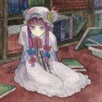  1girl :/ book bookshelf carpet crescent crescent_hat_ornament dress hat hat_ornament kz_m_i library long_hair looking_at_viewer mob_cap on_floor painting_(medium) patchouli_knowledge purple_eyes purple_hair sitting solo touhou traditional_media watercolor_(medium) 