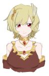  1girl blonde_hair brown_dress citrinne_(fire_emblem) dress earrings feather_hair_ornament feathers fire_emblem fire_emblem_engage gold_choker gold_trim hair_ornament highres hoop_earrings jewelry kasa_asak2 mismatched_earrings red_eyes solo wing_hair_ornament 