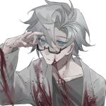  1boy arm_up blood blood_on_clothes blood_on_face blood_on_hands blood_on_neck blue_eyes chinese_commentary closed_mouth collarbone commentary_request glasses grey_hair grey_shirt highres kanou_aogu lab_coat long_sleeves male_focus open_clothes rectangular_eyewear saibou_shinkyoku semi-rimless_eyewear shirt short_hair simple_background solo two_(xitiaogaoren92881) white_background 