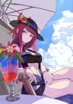  1girl black_hat blue_one-piece_swimsuit casual_one-piece_swimsuit clothing_cutout dress_swimsuit drink fire_emblem fire_emblem_engage fire_emblem_heroes flower flower_umbrella hat hat_flower highres ivy_(fire_emblem) ivy_(summer)_(fire_emblem) mole mole_on_cheek mole_under_mouth official_alternate_costume one-piece_swimsuit oramustat see-through_headwear solo stomach_cutout swimsuit tropical_drink umbrella_flower 