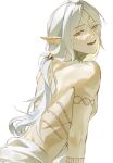  1boy arm_tattoo back_tattoo dungeon_meshi elf gorget grey_hair hair_around_ear hair_tubes highres long_hair looking_at_viewer low_twintails lycion male_focus notched_ear pointy_ears rain_(neporain) smile solo tattoo topless_male twintails 