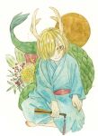  1girl absurdres antlers blonde_hair blue_kimono dragon_girl dragon_horns dragon_tail highres horns japanese_clothes kicchou_yachie kimono kz_m_i looking_at_viewer red_eyes short_hair smile solo tail textless_version touhou turtle_shell yellow_horns 