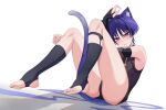  1boy absurdres animal_ears ass black_shirt black_thighhighs blush cat_ears cat_tail chobonu closed_mouth feet genshin_impact hair_between_eyes highres japanese_clothes looking_at_viewer male_focus purple_eyes purple_hair purple_tail scaramouche_(genshin_impact) shirt short_hair solo tail thighhighs toes white_background 