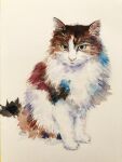  animal animal_focus cat green_eyes highres looking_at_viewer mouen_tw no_humans original painting_(medium) plant realistic sitting tail traditional_media watercolor_(medium) white_background 