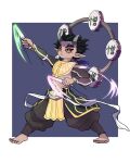  1boy abs arm_up armor barefoot black_hair black_nails black_pants closed_mouth colored_sclera dancing demon_boy detached_collar drum forked_eyebrows frown full_body glowstick hair_ornament highres holding holding_glowstick hoop horns instrument kimetsu_no_yaiba legs_apart light_trail long_sleeves looking_ahead male_focus nail_polish navel oni outside_border pants pointy_ears red_sclera sash short_hair shrug_(clothing) solo spiked_hair standing syorororo tassel tassel_hair_ornament text_in_eyes toenail_polish toenails toned toned_male veins weapon zohakuten_(kimetsu_no_yaiba) 