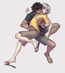  2boys absurdres aqua_eyes arms_around_waist bags_under_eyes black_eyes black_hair blue_eyes carrying carrying_person closed_mouth curly_hair dark-skinned_male dark_skin dungeon_meshi elf feet fingernails flip-flops full_body grey_hair hickey highres kabru lazy_eye long_sleeves medium_hair mithrun multiple_boys pointy_ears sandals shirt short_hair shorts simple_background t-shirt toes uneven_eyes white_hair 