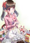  1girl absurdres akihiro0920 blush brown_eyes brown_hair character_request chibi eating food gradient_background heart highres komasan long_sleeves mochi pink_nails plate rabbit tamura_yukari twintails youkai_watch 