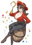  1girl barrel belt black_pants boots breasts brown_belt brown_footwear brown_gloves cleavage coin collarbone full_body genderswap genderswap_(mtf) glasses gloves gregor_(project_moon) grin hand_up hat highres hook_hand huge_breasts kikkoinu limbus_company long_hair looking_at_viewer low_ponytail pants pirate_hat project_moon red_hat sitting smile solo thigh_strap 
