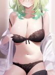 1girl bare_shoulders black_bra black_panties blurry blurry_background bra breasts ceres_fauna cleavage closed_mouth deyui earrings flower green_hair hair_flower hair_ornament head_out_of_frame highres hololive hololive_english jewelry lace lace_bra large_breasts navel off_shoulder open_clothes open_shirt paid_reward_available panties shirt short_hair skindentation solo strap_slip underwear virtual_youtuber white_flower white_shirt 