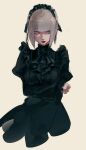  1girl ascot black_ascot black_dress blunt_bangs closed_mouth cowboy_shot dress expressionless grey_eyes grey_hair highres looking_at_viewer maid maid_headdress momota_ro5555 original short_hair sidelocks simple_background sketch solo 