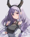  1girl arknights arm_under_breasts bad_hands black_dress breasts commentary dress grey_background grey_jacket hanavvi highres horns huge_breasts jacket long_hair looking_at_viewer off_shoulder playing_with_own_hair purple_eyes purple_hair sidelocks simple_background smile solo typhon_(arknights) upper_body wavy_hair 