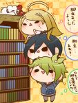  1girl 2boys ahoge akamatsu_kaede amami_rantaro antenna_hair bear black_eyes black_footwear black_hair black_jacket blonde_hair blue_shirt bookshelf brown_pants checkered_background chibi commentary_request danganronpa_(series) danganronpa_v3:_killing_harmony determined ear_piercing earrings eyelashes green_hair grey_scarf hair_between_eyes hair_ornament hand_on_another&#039;s_head human_tower jacket jewelry layered_sleeves long_hair long_sleeves monotaro_(danganronpa) multiple_boys multiple_piercings musical_note musical_note_hair_ornament nervous nervous_smile open_mouth pacifier pale_skin pants pendant piercing pink_shirt purple_vest reaching saihara_shuichi scarf shirt shoes short_hair simple_background smile solid_oval_eyes speech_bubble stacking striped_clothes striped_shirt stud_earrings sweatdrop tearing_up translation_request trembling triangle_mouth v-shaped_eyebrows vest wavy_mouth white_undershirt yellow_background yumaru_(marumarumaru) 
