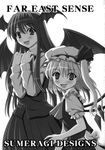  book bow bowtie comic copyright_name cover doujinshi flandre_scarlet greyscale hat highres koakuma long_hair monochrome multiple_girls short_hair smile sumeragi_seisuke touhou white_background wings 