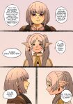  2girls aged_up alternate_hairstyle basedlida closed_eyes earrings elf english_text fern_(sousou_no_frieren) frieren grey_hair highres jewelry multiple_girls old old_woman pointy_ears pout right-to-left_comic smile sousou_no_frieren speech_bubble white_hair 