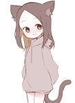  1girl animal_ear_fluff animal_ears arms_behind_back brown_eyes brown_hair brown_hoodie cat_ears cat_tail closed_mouth colored_inner_hair cowboy_shot drawstring forehead highres hood hood_down hoodie karakai_jouzu_no_takagi-san light_blush light_brown_hair long_hair long_sleeves looking_at_viewer multicolored_hair orenji_(orenjipiiru) simple_background smile solo standing tail takagi-san two-tone_hair white_background 