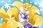  animal_ears blonde_hair breast_hold breasts crossed_arms dress flower fox_ears fox_tail fur_trim hands_in_opposite_sleeves large_breasts leaning_forward looking_at_viewer matsumaro_(kf9511) multiple_tails no_hat no_headwear short_hair smile solo standing tail touhou wide_sleeves yakumo_ran yellow_eyes 