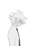  1boy ahoge black_eyes black_necktie collared_shirt danganronpa_(series) danganronpa_3_(anime) expressionless eyelashes from_side komaeda_nagito long_sleeves looking_down male_focus messy_hair necktie parted_lips shirt short_hair simple_background solo unagi_(nakaelric) upper_body white_background white_hair white_shirt 