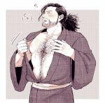  1boy bara beard black_hair chest_hair closed_eyes collarbone facial_hair japanese_clothes kimono long_hair male_focus monochrome muscular muscular_male navel_hair nipple_slip nipples okomepower open_clothes open_kimono ponytail rise_of_the_ronin sakamoto_ryouma_(rise_of_the_ronin) sleepy solo squeans tearing_up translation_request yawning 
