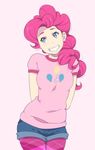  argyle argyle_legwear arms_behind_back balloon blue_eyes breasts grin ichan-desu legwear_under_shorts long_hair medium_breasts my_little_pony my_little_pony_friendship_is_magic pantyhose personification pink_hair pink_legwear pinkie_pie shirt short_shorts shorts smile solo t-shirt 