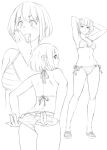  1girl adjusting_clothes adjusting_swimsuit arms_behind_head ass back bikini breasts cleavage cowboy_shot full_body hand_to_own_mouth lineart loafers medium_breasts monochrome multiple_views navel open_mouth original ryuuta_(msxtr) sandals shoes short_hair striped_bikini striped_clothes swimsuit 