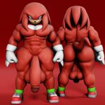  1:1 3d_(artwork) anthro balls big_balls big_penis butt clothing digital_media_(artwork) echidna footwear genitals gloves handwear hi_res knuckles_the_echidna looking_at_viewer male mammal monotreme muscular muscular_anthro muscular_male nude pecs penile penis purple_eyes red_background red_body sega shoes simple_background solo sonic_the_hedgehog_(series) spiked_gloves spikes standing vulkyasha 