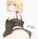  1girl absurdres alternate_costume blonde_hair blue_eyes blue_shorts bluefield blush breasts denim denim_shorts highres hololive hololive_english looking_at_viewer looking_back medium_breasts parted_lips patreon_username short_hair shorts simple_background solo virtual_youtuber watson_amelia white_background 