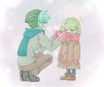  1boy 1girl adjusting_another&#039;s_clothes adjusting_scarf aged_down beanie blue_hair blush boots breath child closed_eyes coat full_body green_hair hair_ornament hairclip hat highres hiyori_sou jacket kimi_ga_shine kizuchi_kanna mittens open_mouth pants rabbit_hair_ornament scarf short_hair smile squatting yume_ha_imamo 