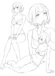  1girl arm_support barefoot blush bow bow_bra bra breasts cleavage collarbone finger_to_mouth hands_on_own_knees lineart medium_breasts monochrome multiple_views navel o3o original ryuuta_(msxtr) short_hair sitting underwear underwear_only 