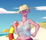 anthro bald beach big_breasts breasts clothing cyclostomata female fish hagfish hat headgear headwear huge_breasts jawless_fish jewelry marine necklace nude pink_body pink_skin sea shell sky slime solo topwear warest water wet wet_body wet_clothing wet_topwear