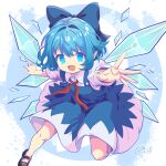  1girl :d absurdres black_footwear blue_background blue_bow blue_dress blue_eyes blue_hair bow chinese_commentary cirno collared_shirt colored_eyelashes commentary_request dress fairy fang floating_clothes floating_hair full_body hair_between_eyes hair_bow hair_intakes happy highres huge_bow ice ice_wings kagurachiriri looking_at_viewer mary_janes medium_hair neck_ribbon no_socks open_mouth outstretched_arms outstretched_hand pointy_ears red_ribbon ribbon shirt shoes short_sleeves simple_background skin_fang sleeveless sleeveless_dress slit_pupils smile solo standing standing_on_one_leg touhou two-tone_background white_background white_shirt wings 