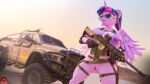  16:9 3d_(artwork) 4k absurd_res anthro anthrofied areola artist_logo assault_rifle big_breasts biped breasts clothed clothing digital_media_(artwork) dutch_angle equid equine eyewear feathered_wings feathers female forsaken_(artist) friendship_is_magic genitals gloves gun hair handwear harness hasbro hi_res holding_gun holding_object holding_ranged_weapon holding_rifle holding_weapon horn logo long_hair mammal mostly_nude my_little_pony mythological_creature mythological_equine mythology nipple_piercing nipples outside piercing ponytail purple_body pussy ranged_weapon rifle solo standing sunglasses trigger_discipline truck_(vehicle) twilight_sparkle_(mlp) vehicle weapon widescreen winged_unicorn wings 