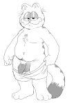 anthro balls body_hair boomspike clothed clothing clothing_pull darkened_genitalia domestic_cat felid feline felis garfield_(series) garfield_the_cat genitals hi_res humanoid male mammal monochrome penis slightly_chubby solo underwear underwear_only underwear_pull